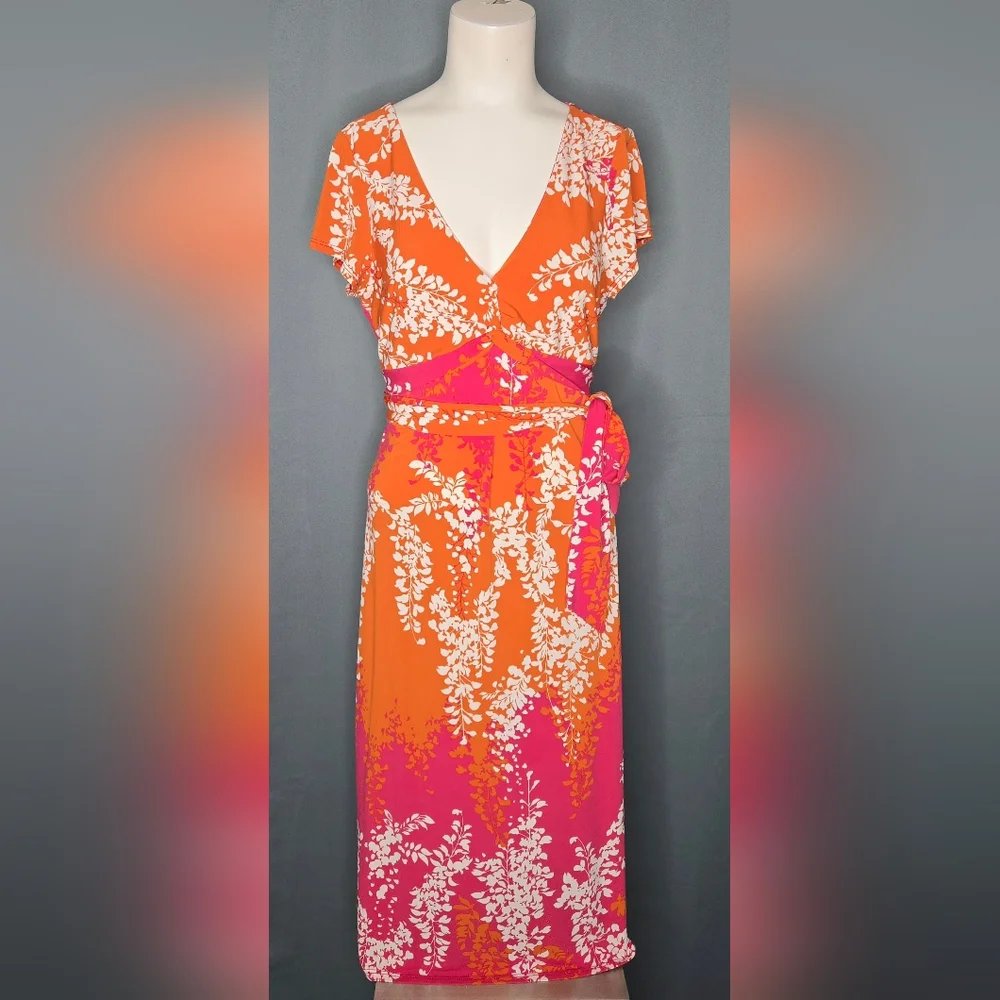 BCBGMAXAZRIA Floral Wisteria Faux Wrap Midi Dress Orange Pink Size L Like New